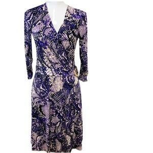 Cache Purple Print Wrap Dress Medium Belt Stretch Knee Length Business Casual‎
